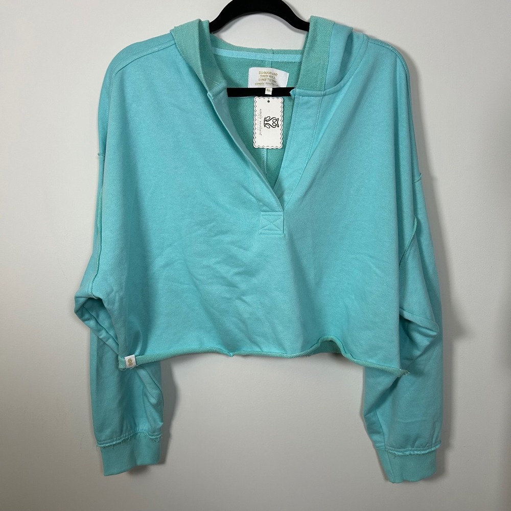 Simply Southern Womens Cropped V-Neck Hoodie Cotton Blend XL Aqua Blue Solid